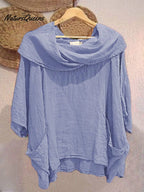 Top femenino casual y cómodo de lino con bolsillo, color liso, cuello drapeado y mangas 3/4