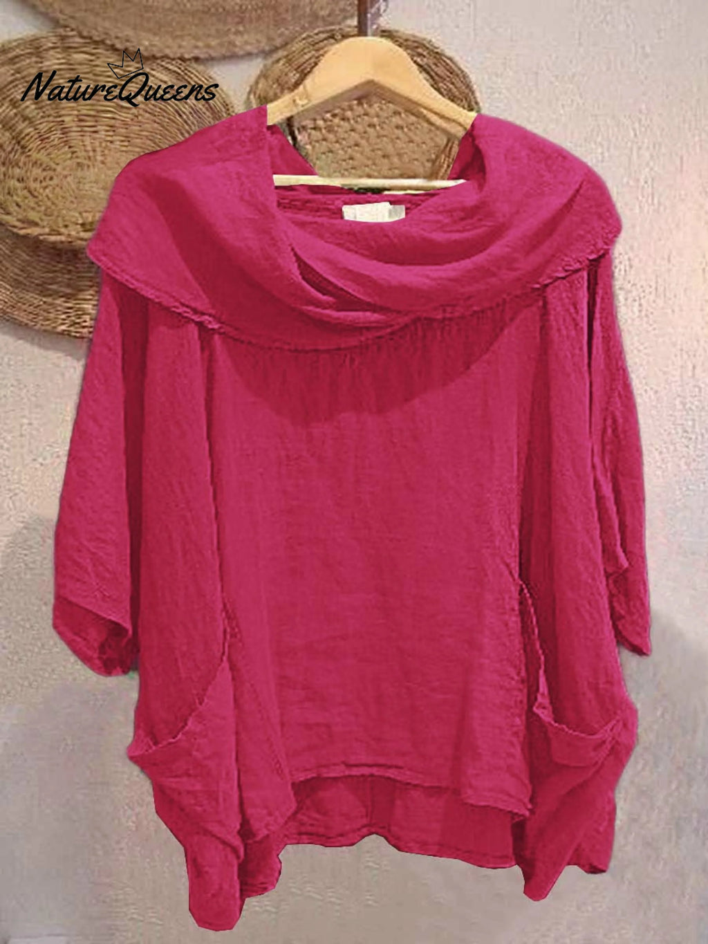 Top femenino casual y cómodo de lino con bolsillo, color liso, cuello drapeado y mangas 3/4