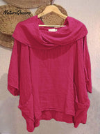 Top femenino casual y cómodo de lino con bolsillo, color liso, cuello drapeado y mangas 3/4