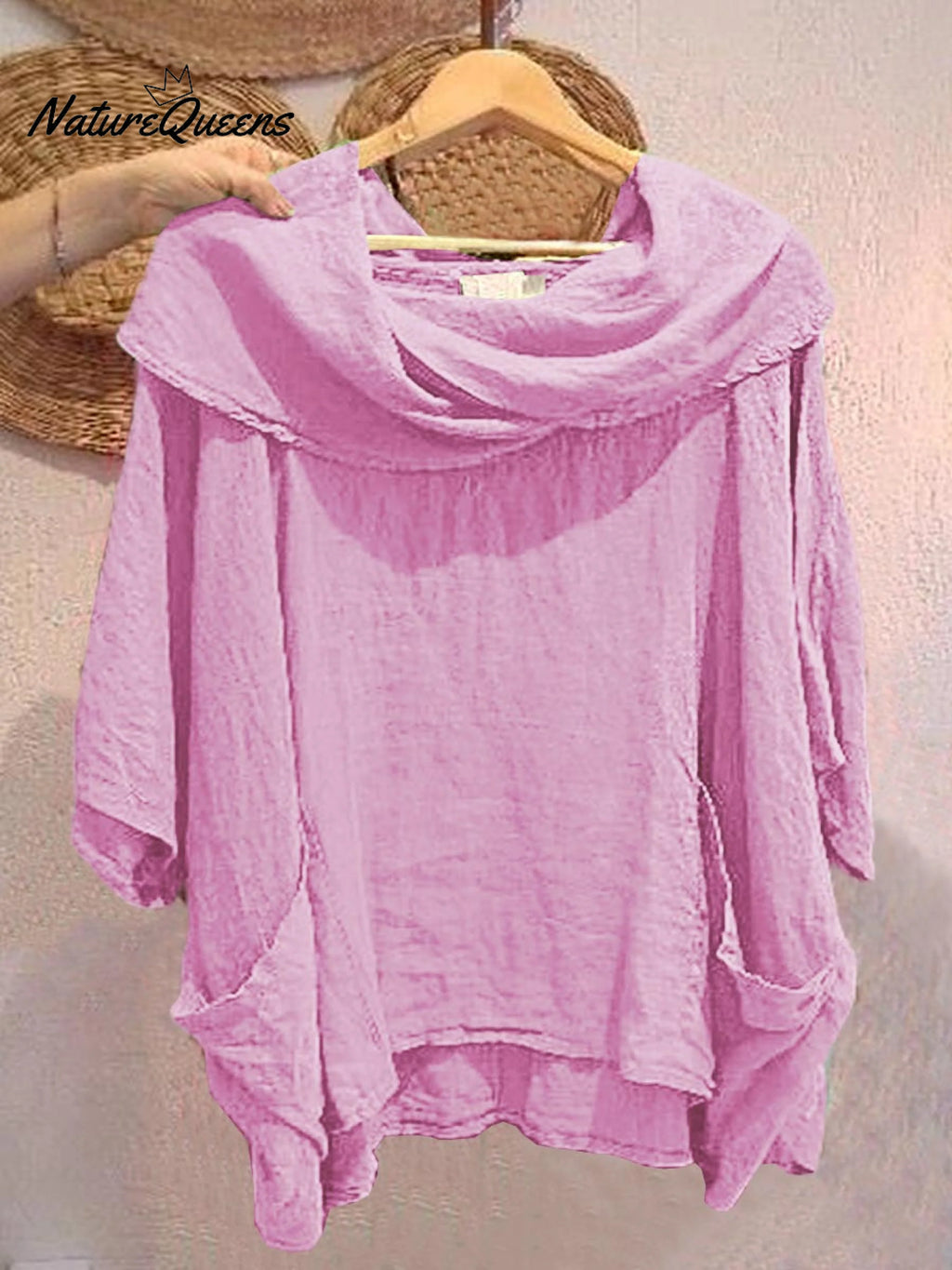 Top femenino casual y cómodo de lino con bolsillo, color liso, cuello drapeado y mangas 3/4