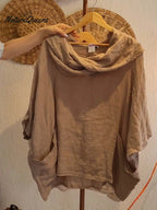 Top femenino casual y cómodo de lino con bolsillo, color liso, cuello drapeado y mangas 3/4