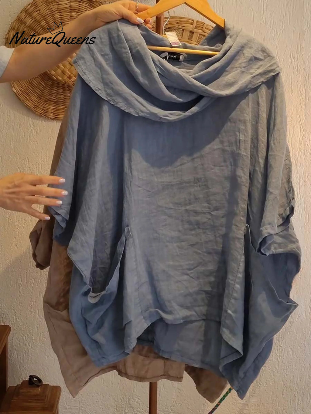 Top femenino casual y cómodo de lino con bolsillo, color liso, cuello drapeado y mangas 3/4