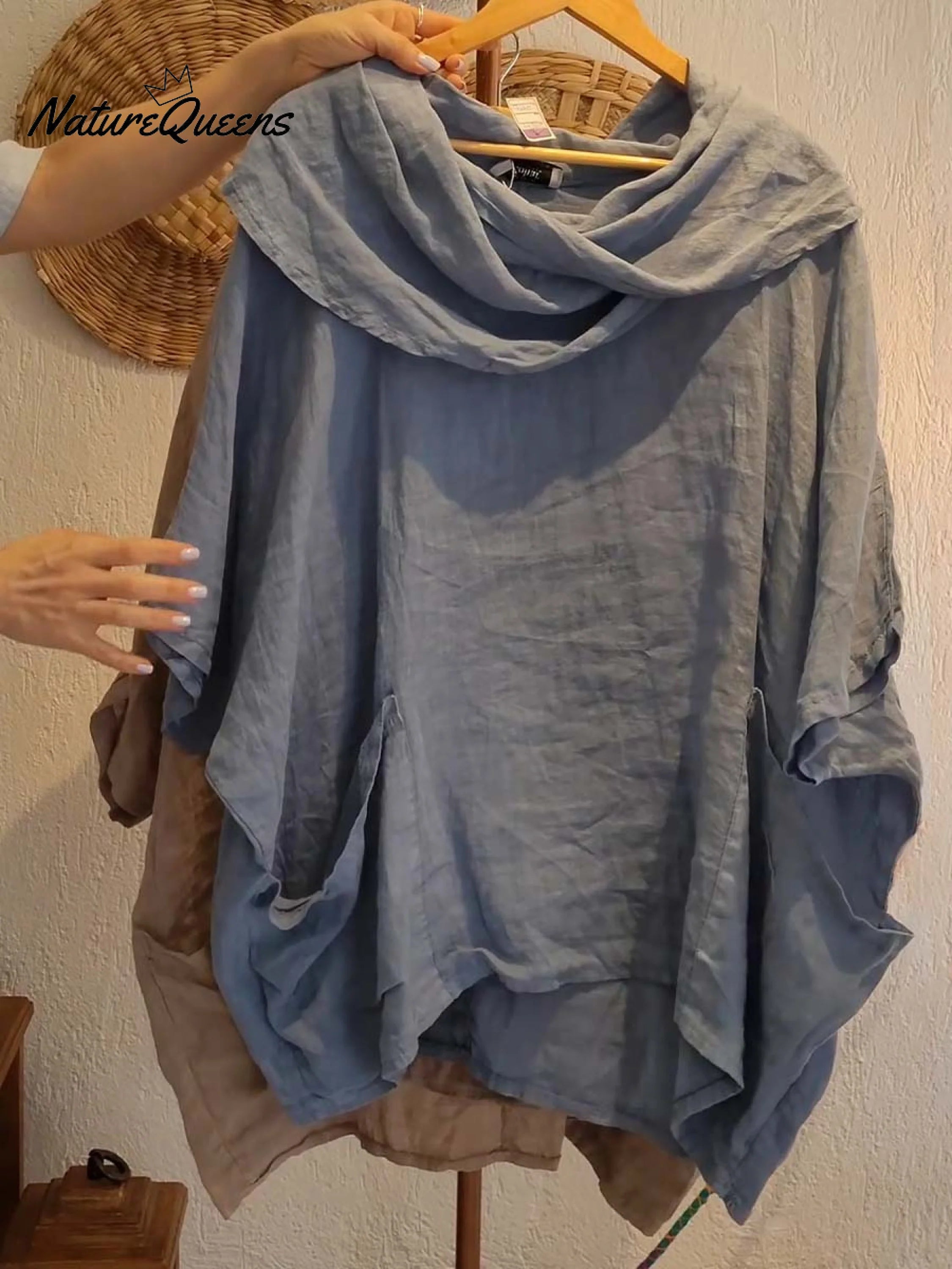 Top femenino casual y cómodo de lino con bolsillo, color liso, cuello drapeado y mangas 3/4