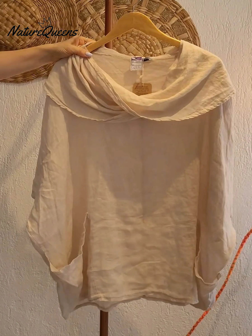 Top femenino casual y cómodo de lino con bolsillo, color liso, cuello drapeado y mangas 3/4