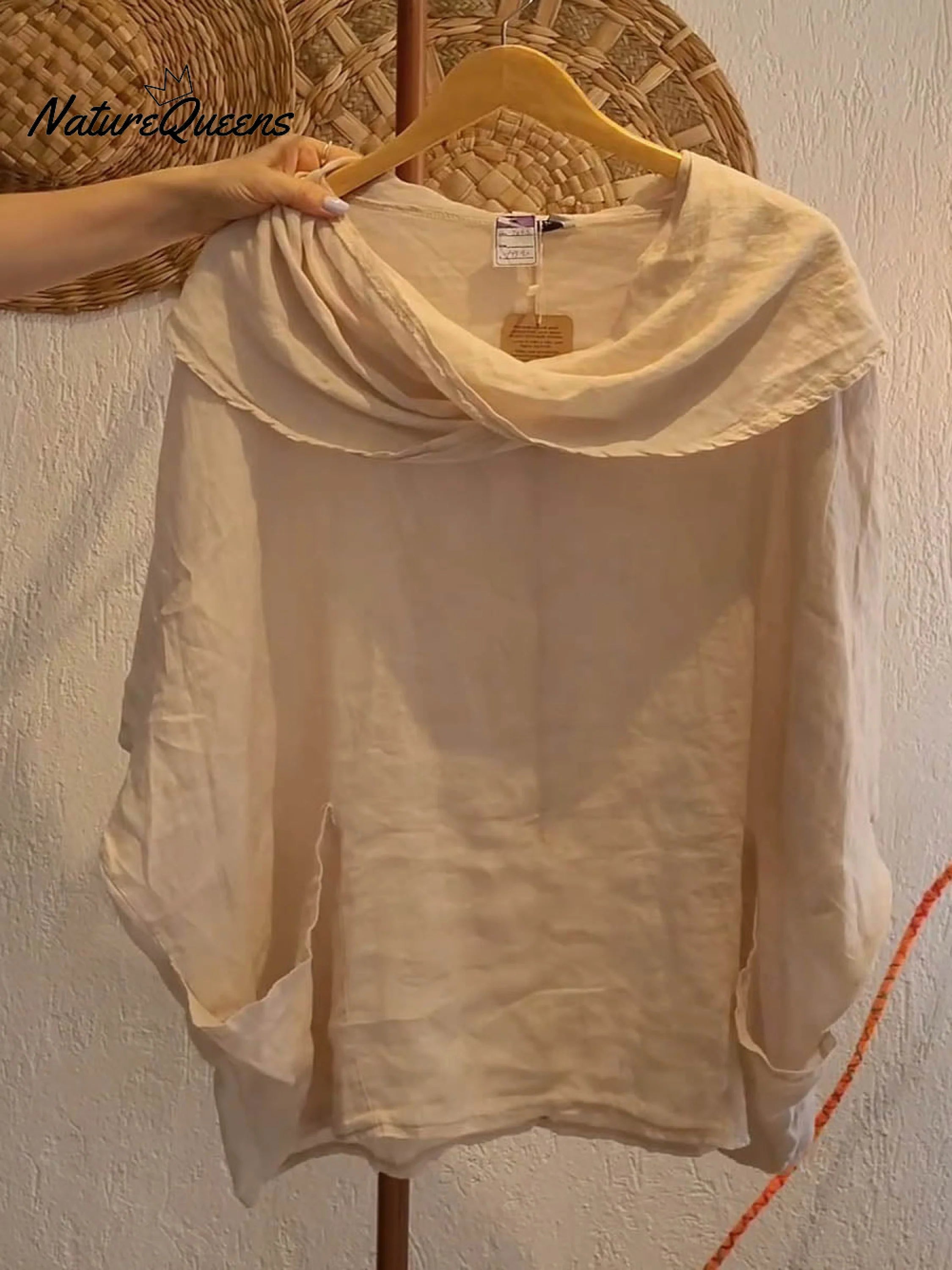 Top femenino casual y cómodo de lino con bolsillo, color liso, cuello drapeado y mangas 3/4
