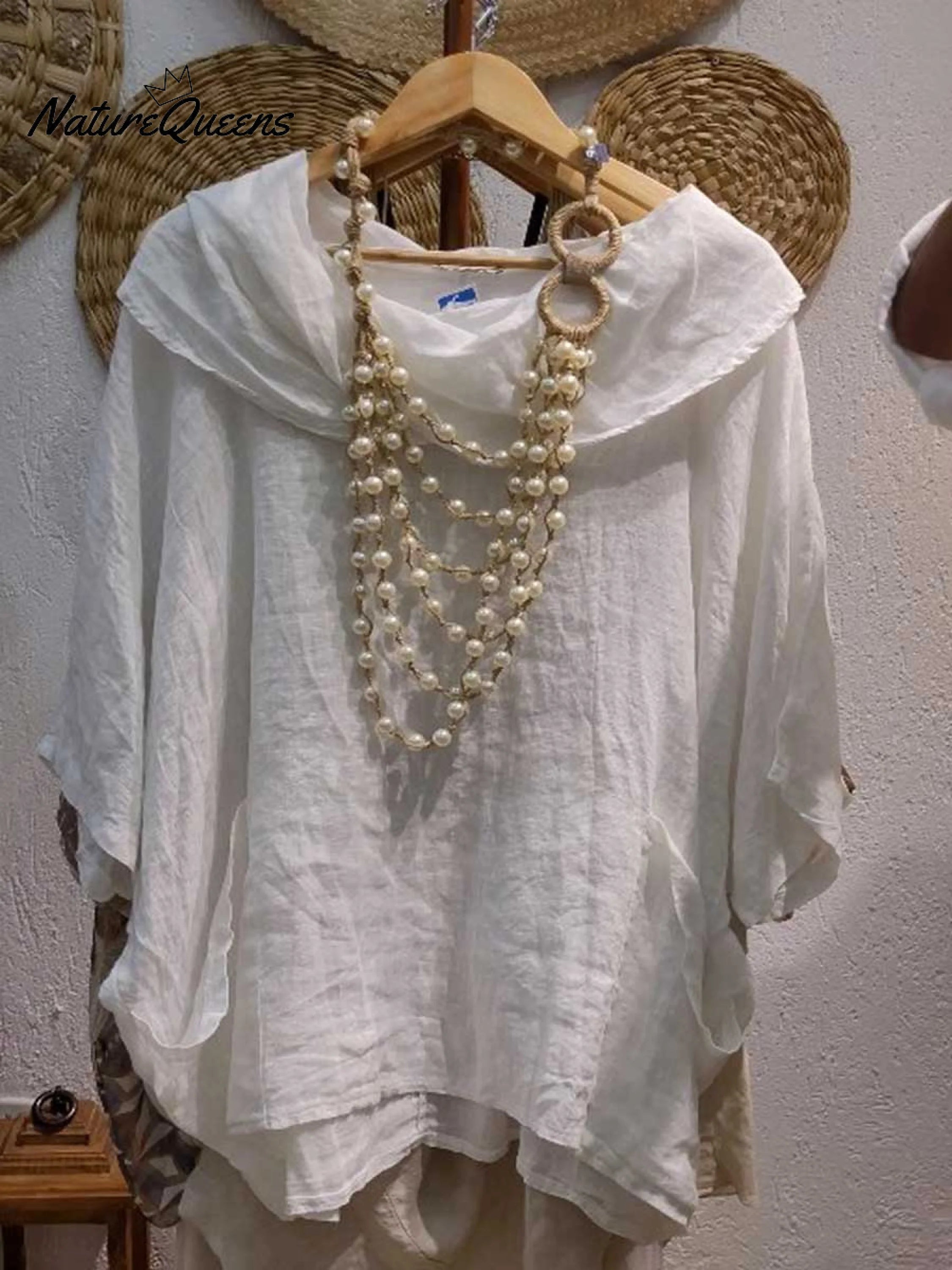 Top femenino casual y cómodo de lino con bolsillo, color liso, cuello drapeado y mangas 3/4
