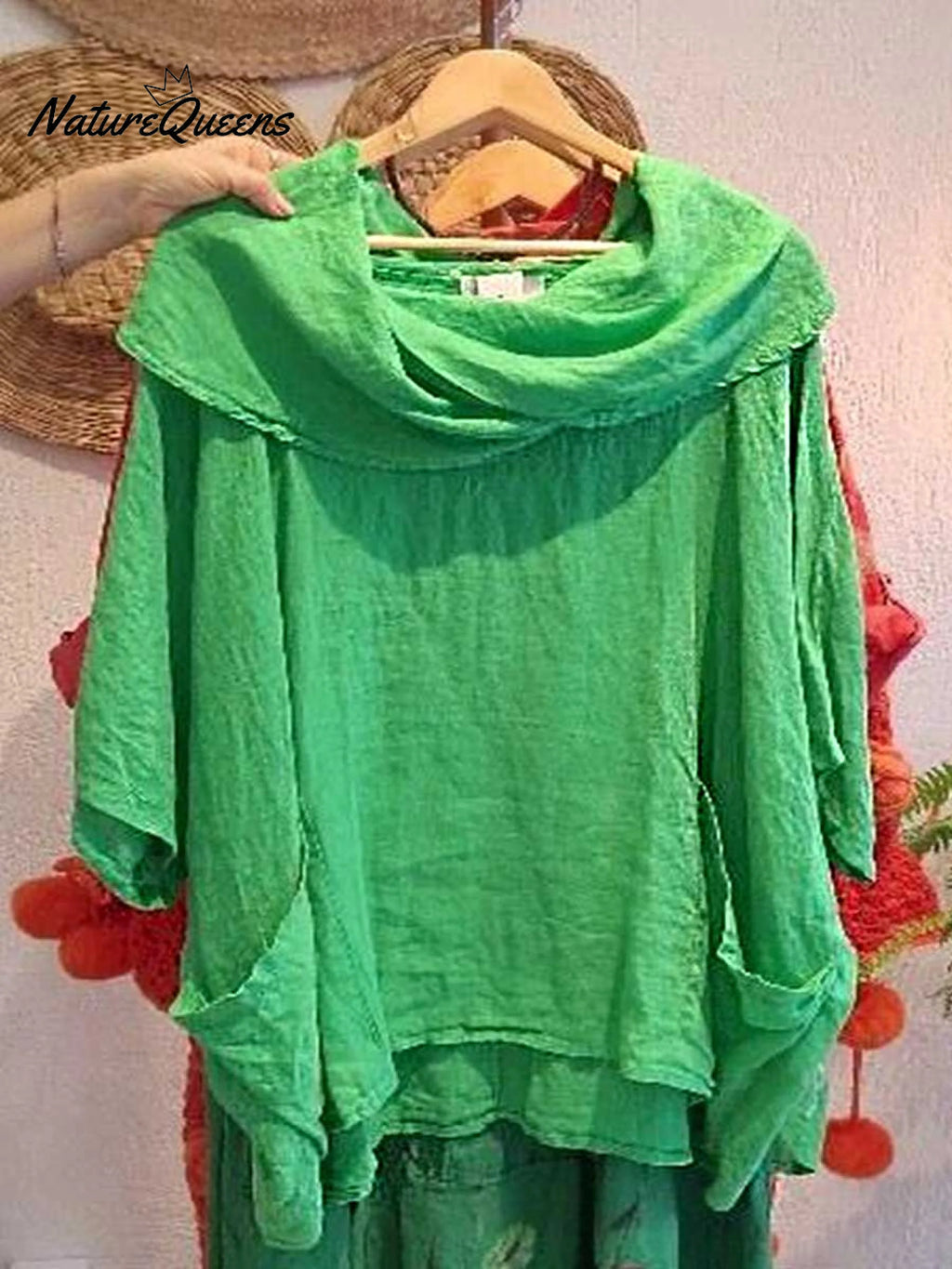 Top femenino casual y cómodo de lino con bolsillo, color liso, cuello drapeado y mangas 3/4