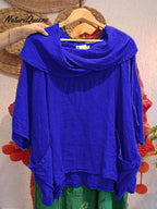 Top femenino casual y cómodo de lino con bolsillo, color liso, cuello drapeado y mangas 3/4