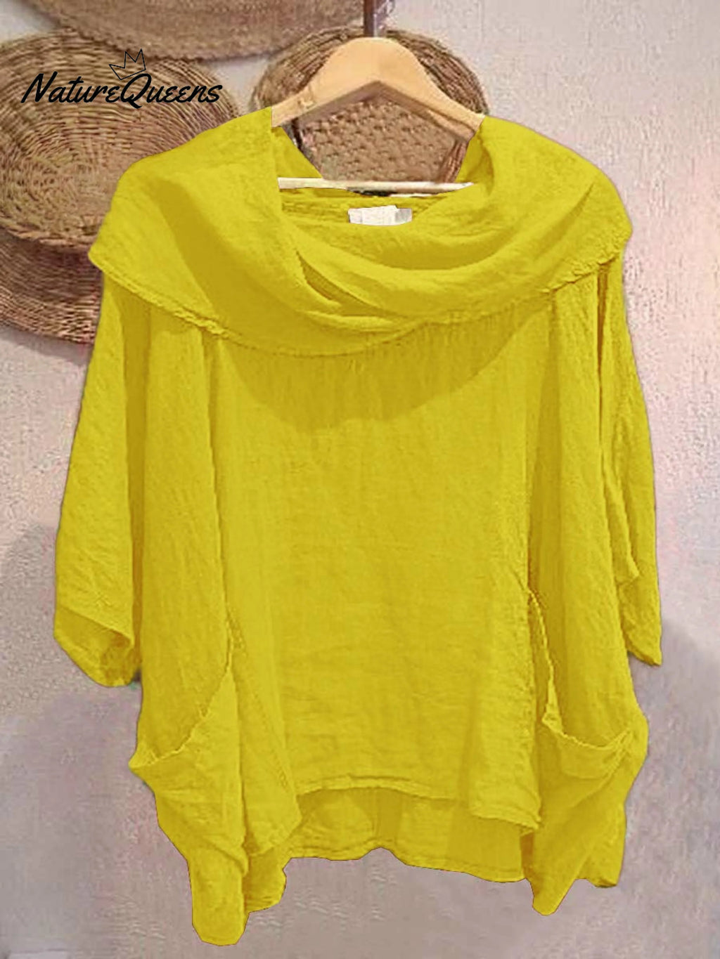 Top femenino casual y cómodo de lino con bolsillo, color liso, cuello drapeado y mangas 3/4