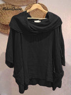 Top femenino casual y cómodo de lino con bolsillo, color liso, cuello drapeado y mangas 3/4