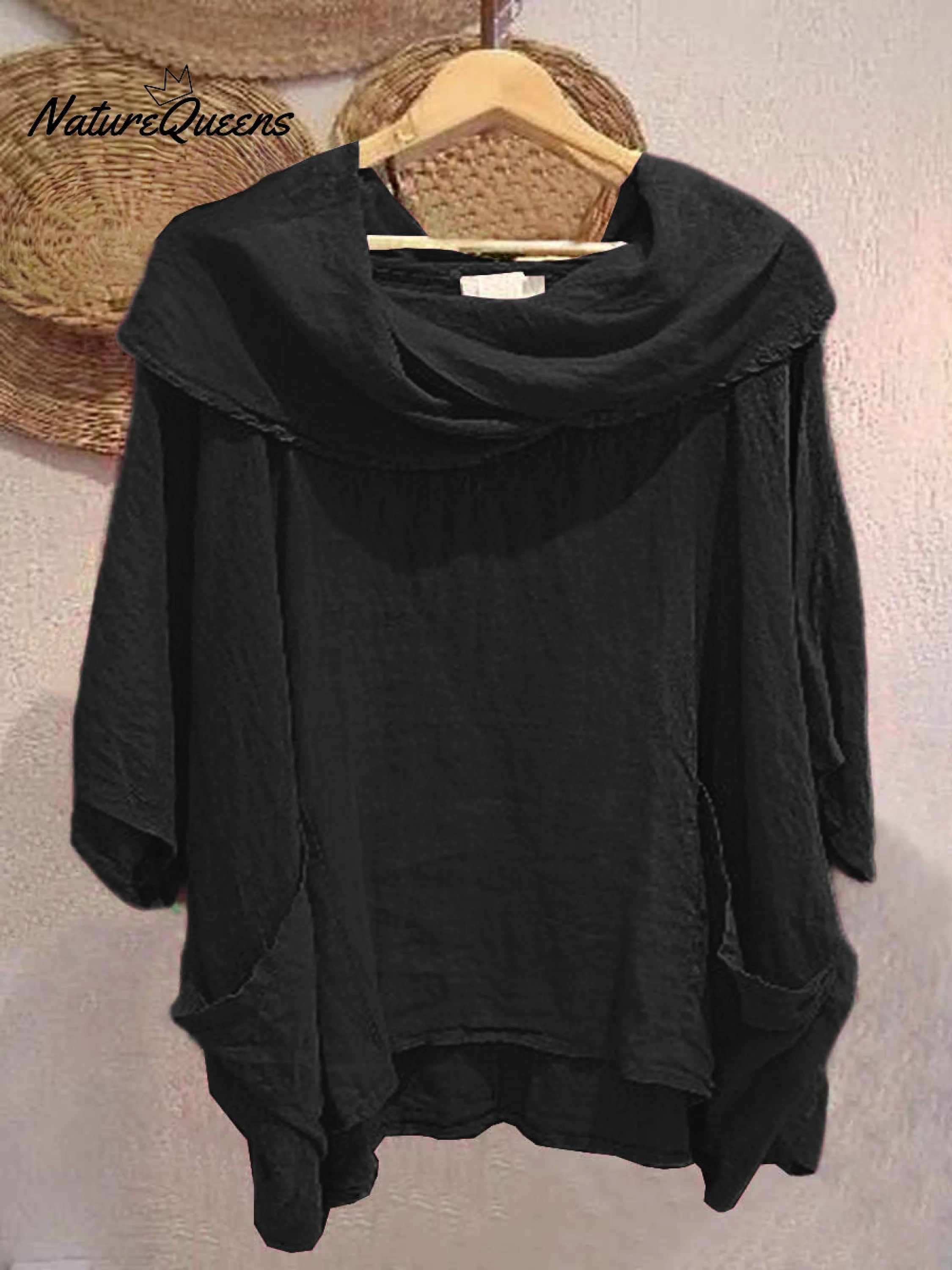Women's casual and comfortable linen top with pocket, solid color, draped neck, and 3/4 sleeves