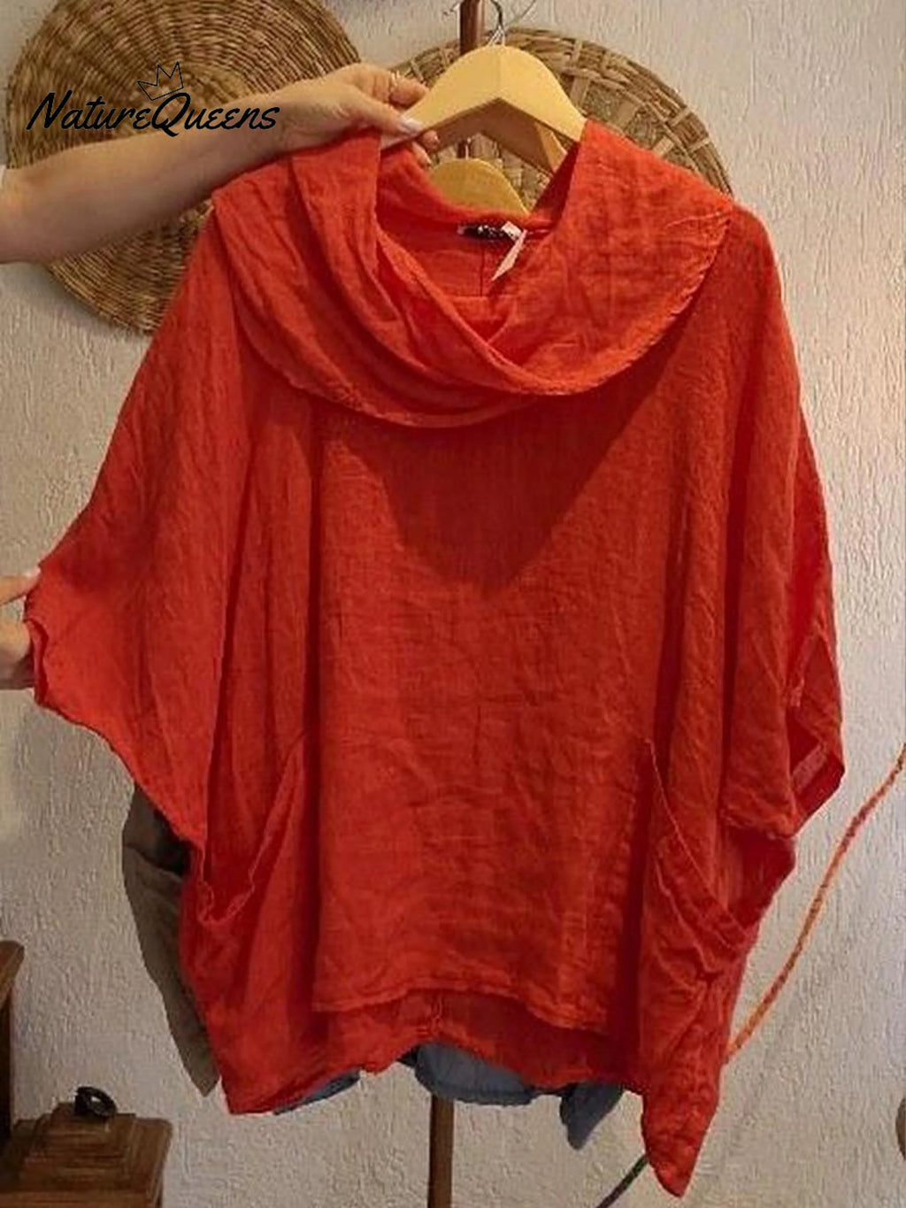 Top femenino casual y cómodo de lino con bolsillo, color liso, cuello drapeado y mangas 3/4