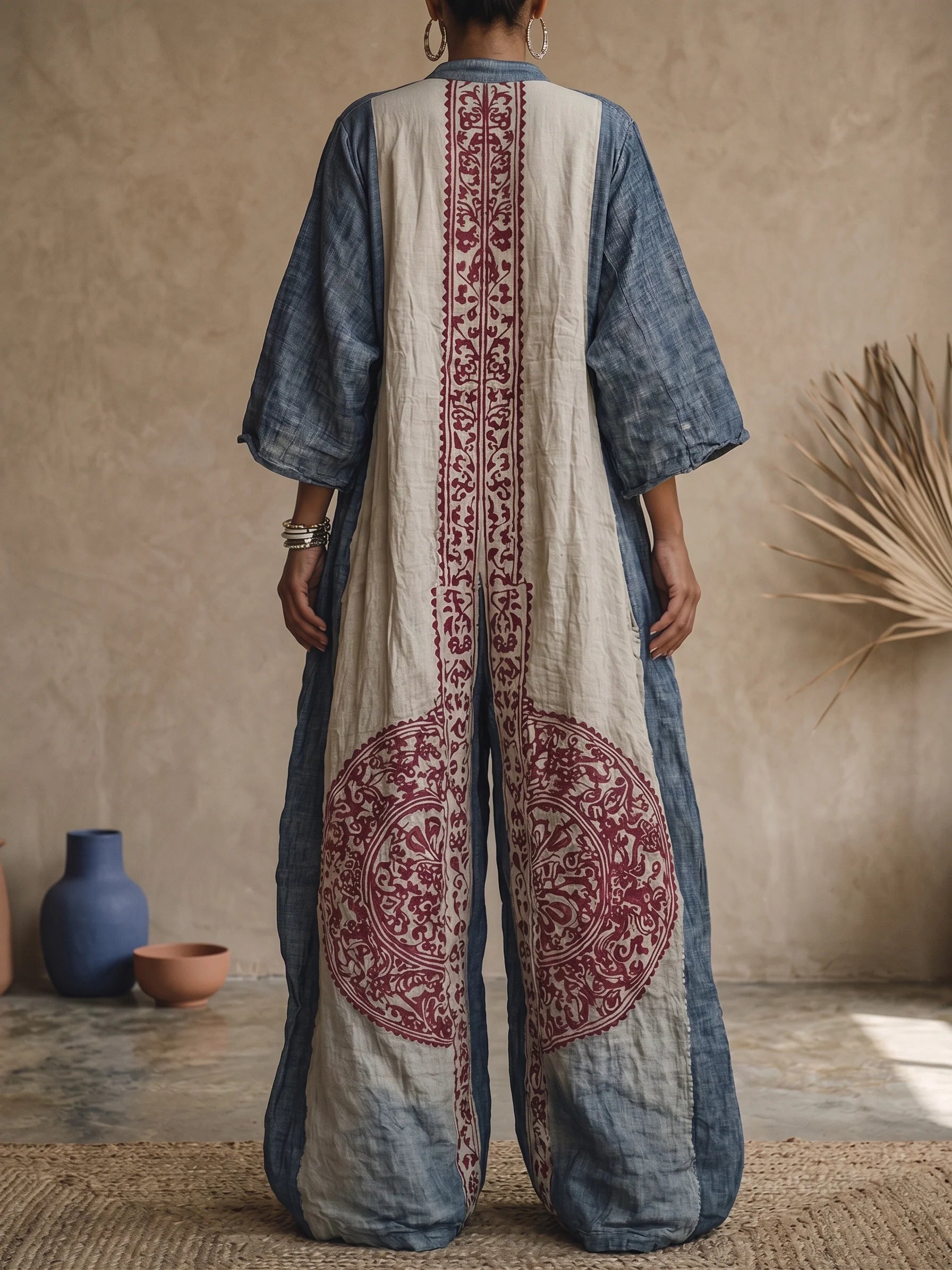 Women's Cotton Linen Jumpsuit, Vintage Print V-Neck 3/4 Sleeve