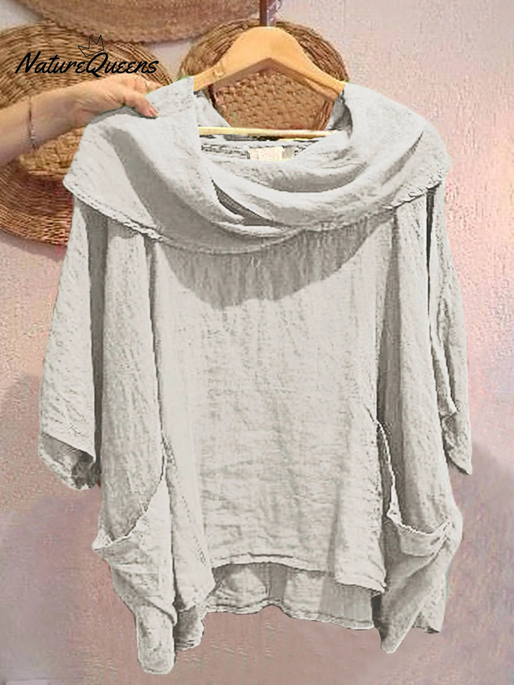 Top femenino casual y cómodo de lino con bolsillo, color liso, cuello drapeado y mangas 3/4