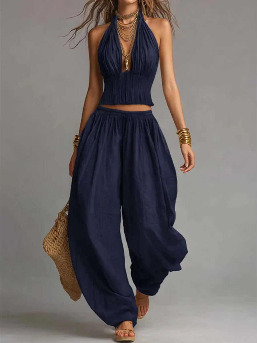 Conjunto sexy boho de dos piezas con top halter y pantalón de pierna ancha