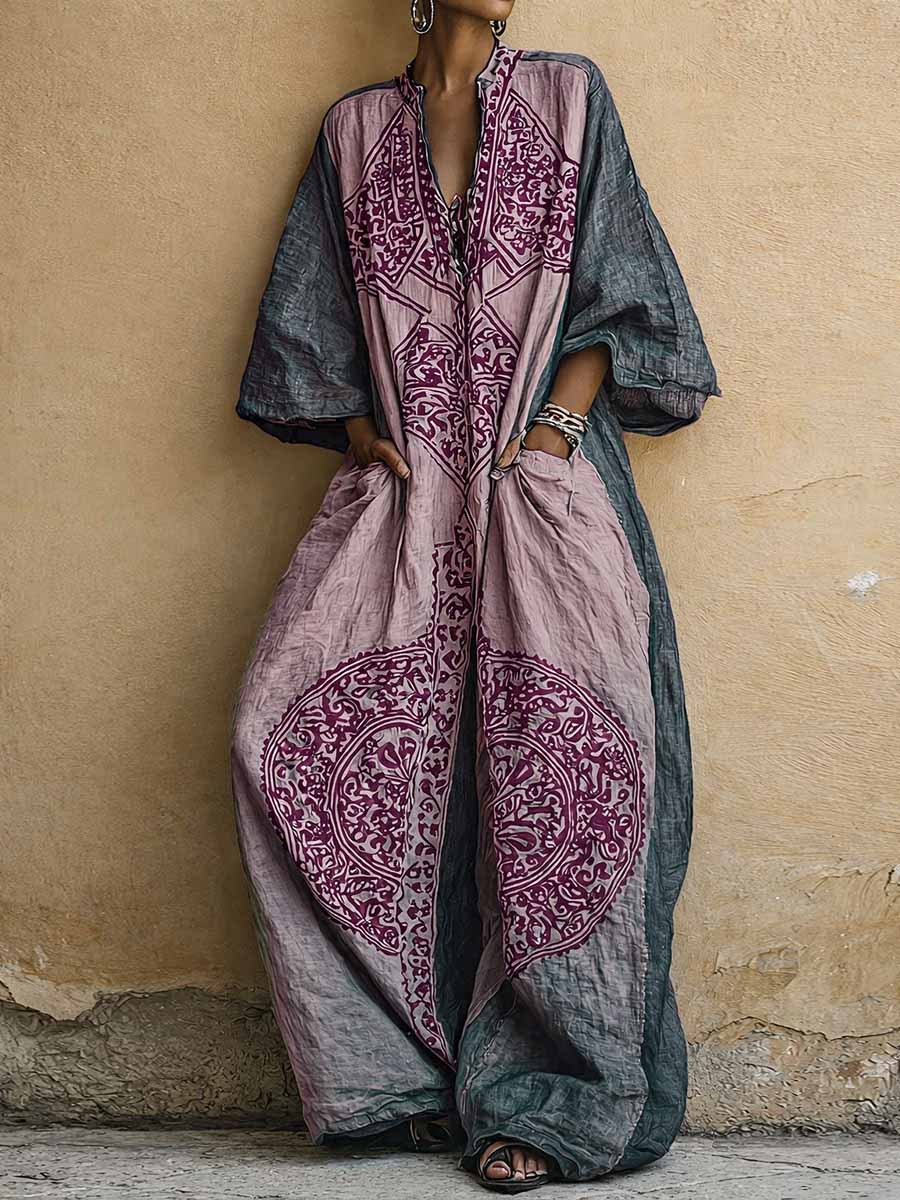 Women's Cotton Linen Jumpsuit, Vintage Print V-Neck 3/4 Sleeve