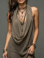 Conjunto de dos piezas de punto, sexy y casual, con vestido de cuello drapeado
