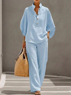 Women's Casual Two-Piece Cotton Linen Batwing Sleeve Shirt and Pants Set
