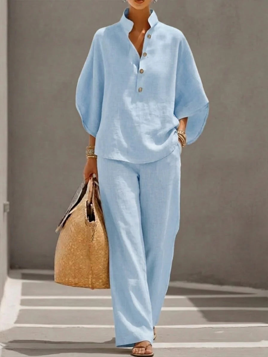 Women's Casual Two-Piece Cotton Linen Batwing Sleeve Shirt and Pants Set