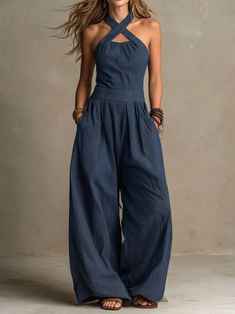 Mono femenino de algodón y lino con diseño halter y cuello cruzado