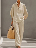 Women's Casual Two-Piece Cotton Linen Batwing Sleeve Shirt and Pants Set