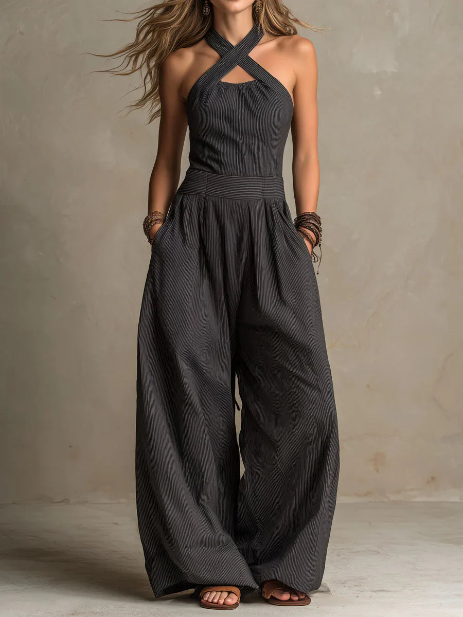 Mono femenino de algodón y lino con diseño halter de cuello cruzado