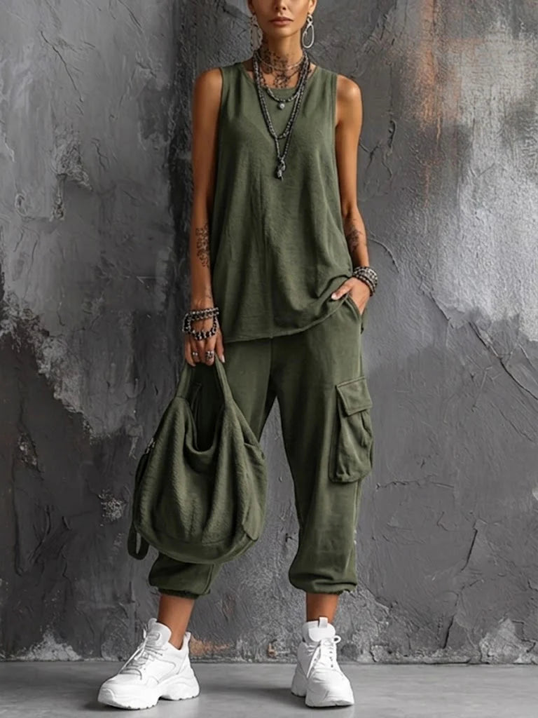 Conjunto Casual de Dos Piezas con Remera sin Mangas de Algodón y Pantalón Estilo Urbano