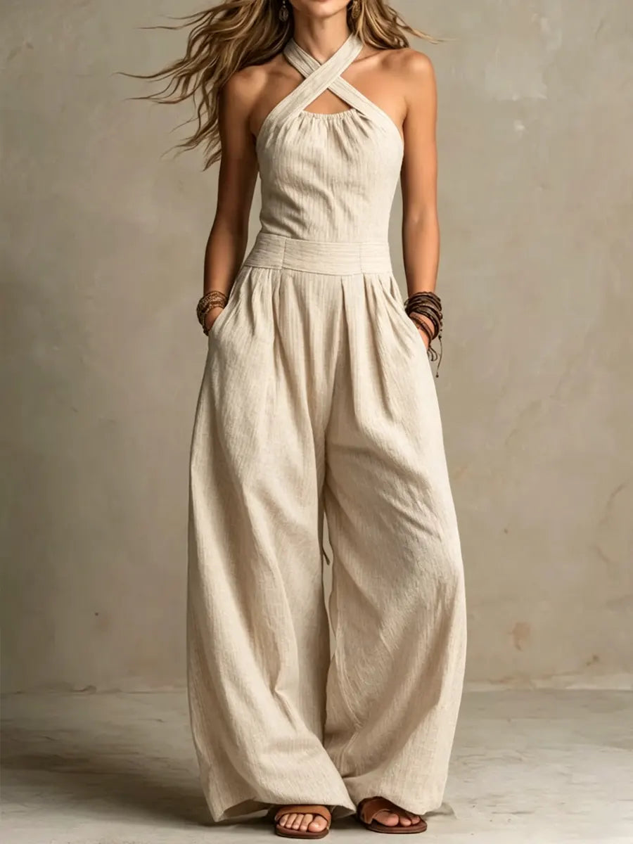 Mono femenino de algodón y lino con diseño halter y cuello cruzado