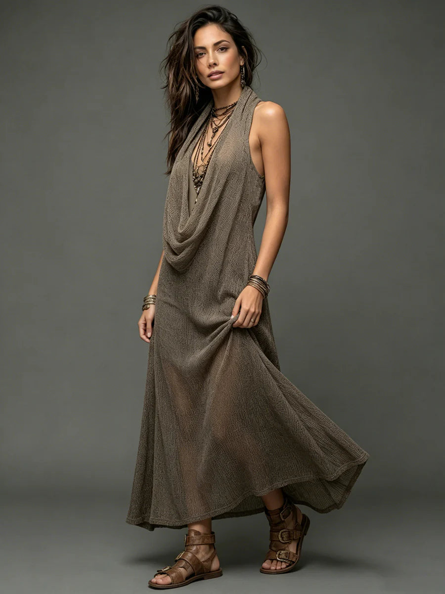 Conjunto de dos piezas de punto, sexy y casual, con vestido de cuello drapeado