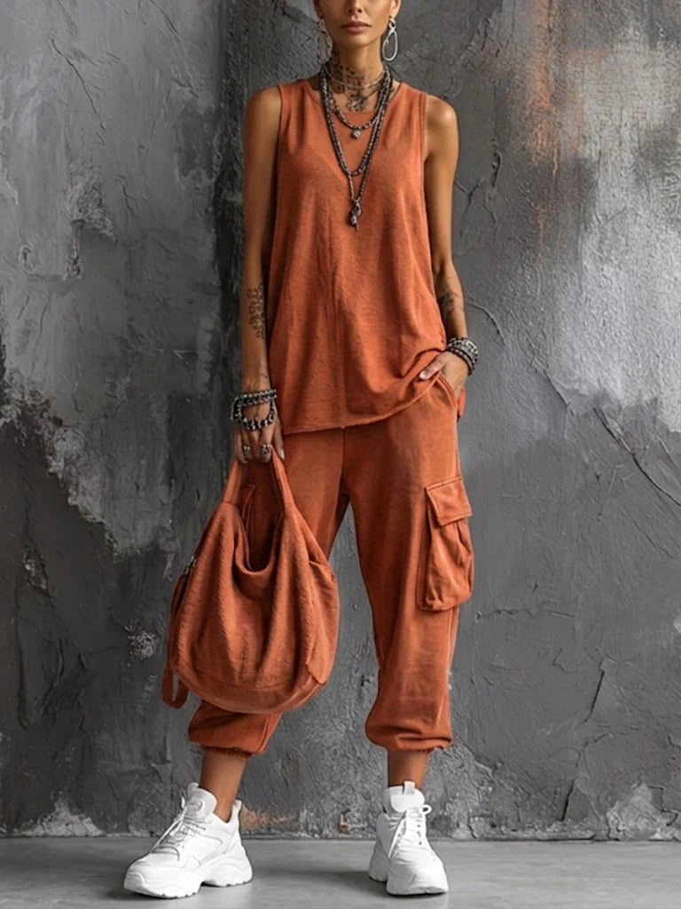 Conjunto Casual de Dos Piezas con Remera sin Mangas de Algodón y Pantalón Estilo Urbano