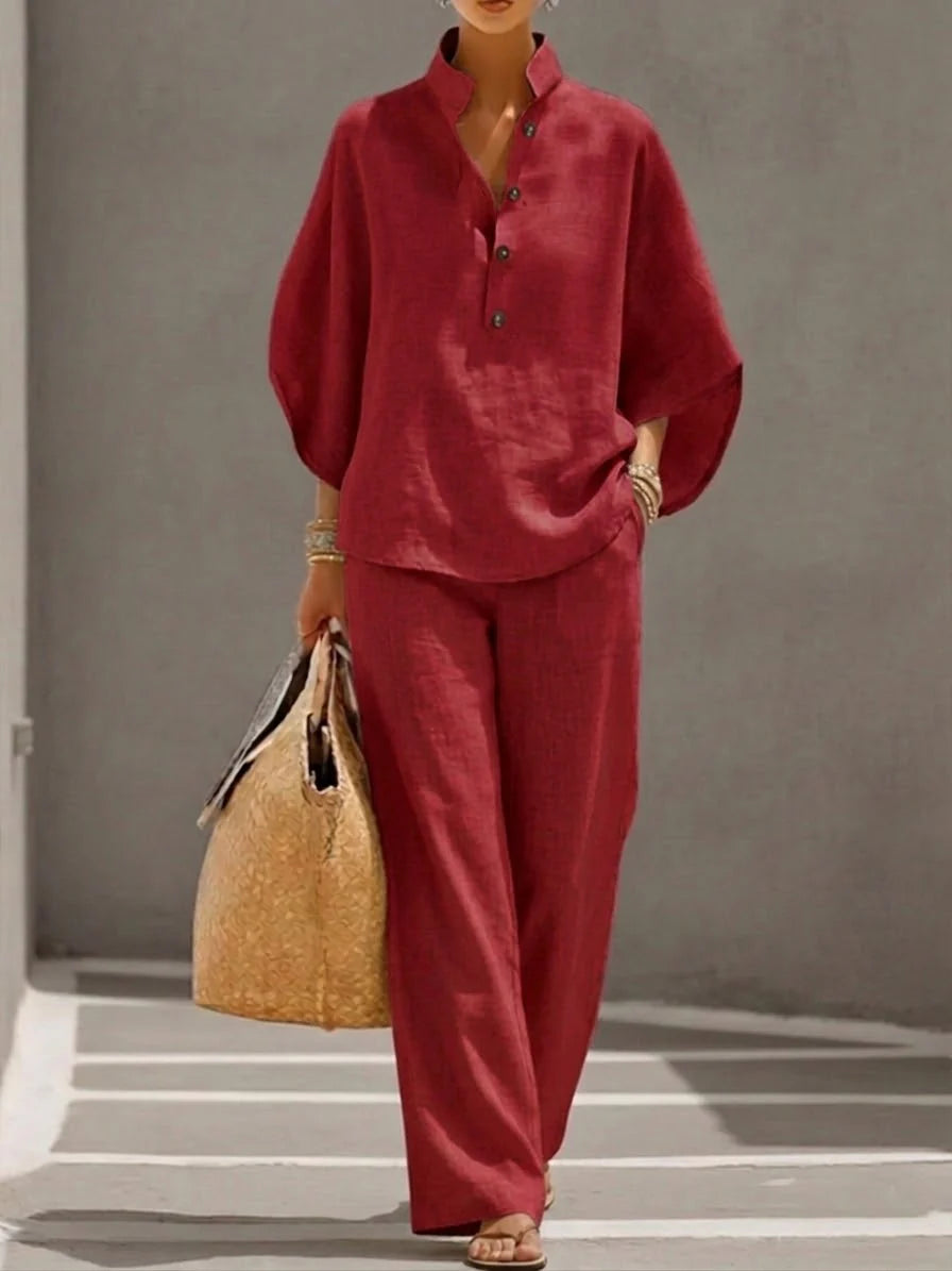 Conjunto casual de dos piezas de camisa y pantalón de lino y algodón con mangas murciélago