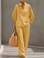Women's Casual Two-Piece Cotton Linen Batwing Sleeve Shirt and Pants Set