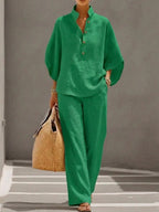 Women's Casual Two-Piece Cotton Linen Batwing Sleeve Shirt and Pants Set