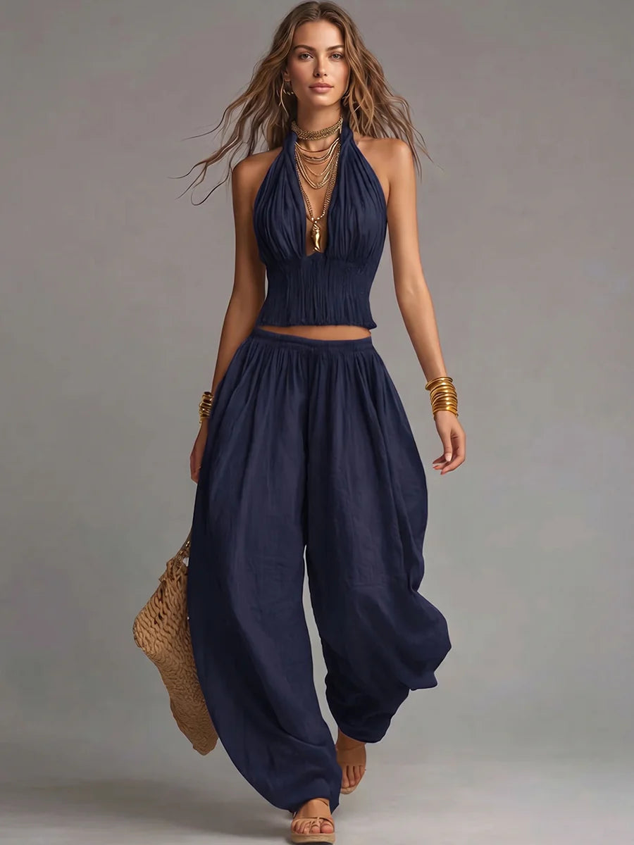 Conjunto sexy boho de dos piezas con top halter y pantalón de pierna ancha