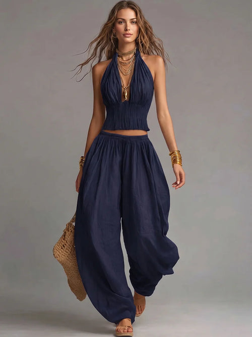 Conjunto sexy boho de dos piezas con top halter y pantalón de pierna ancha