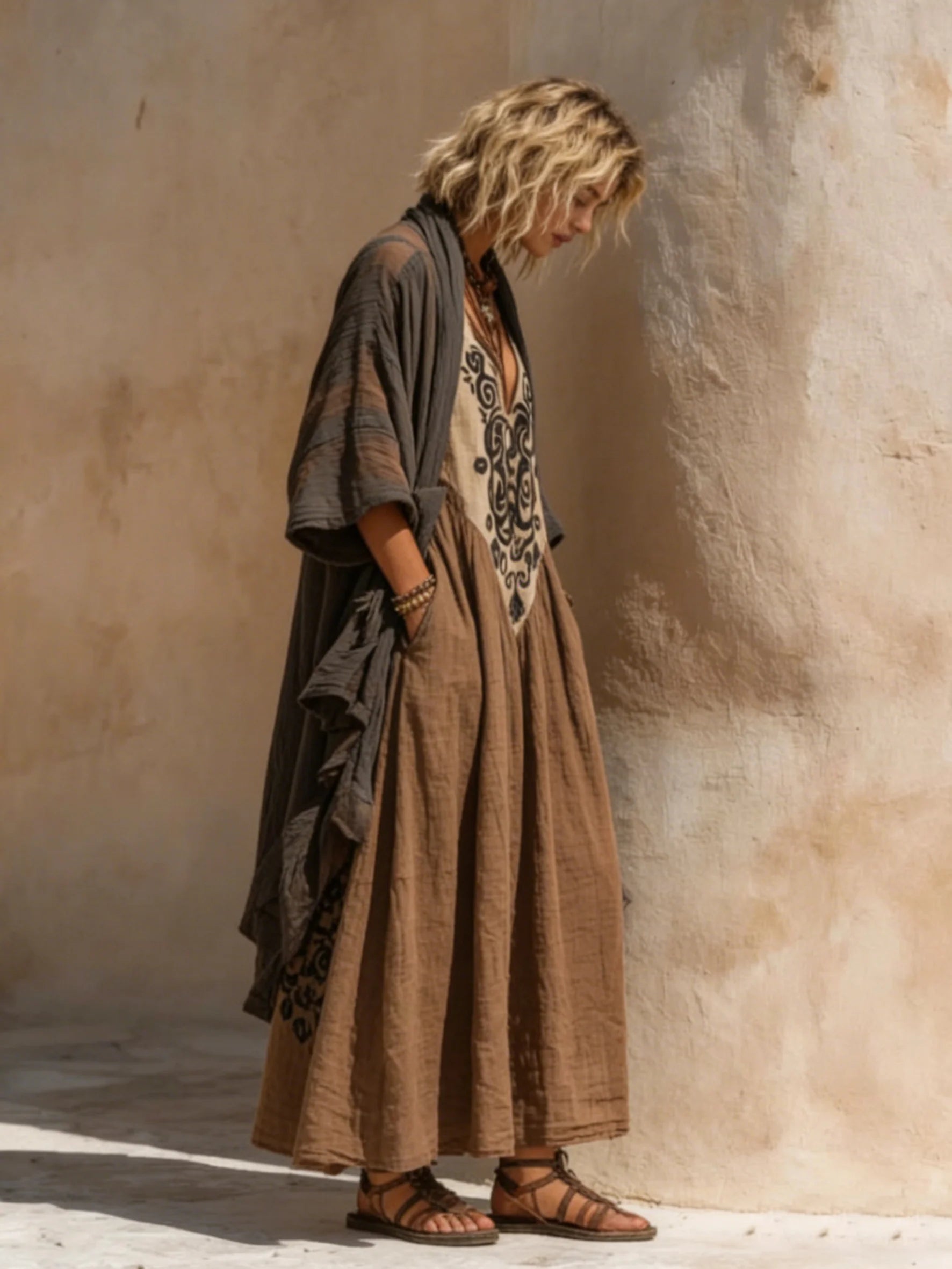 Conjunto boho retro holgado de lino y algodón de dos piezas