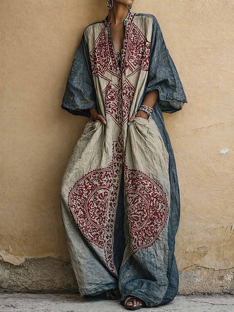 Mono femenino de algodón y lino con estampado vintage, cuello en V y mangas 3/4