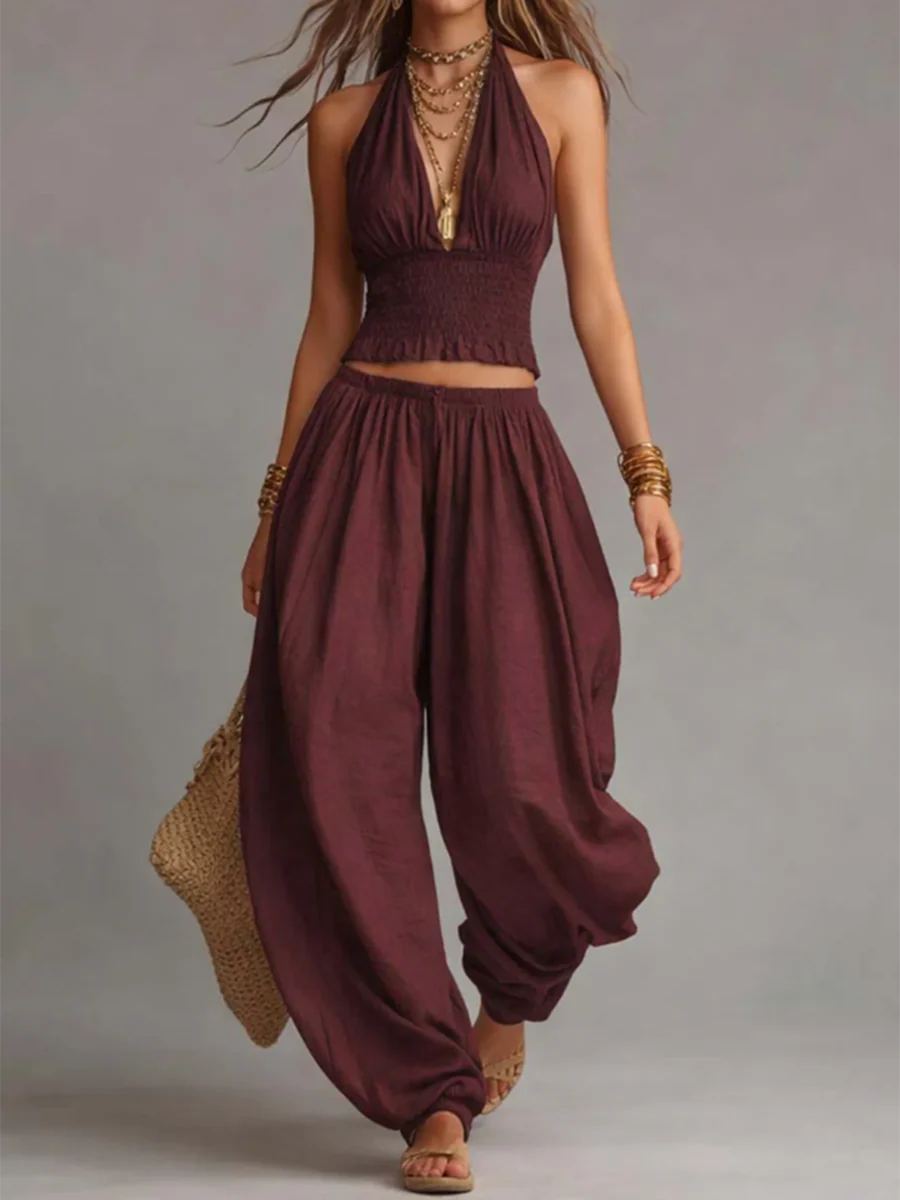 Conjunto sexy boho de dos piezas con top halter y pantalón de pierna ancha
