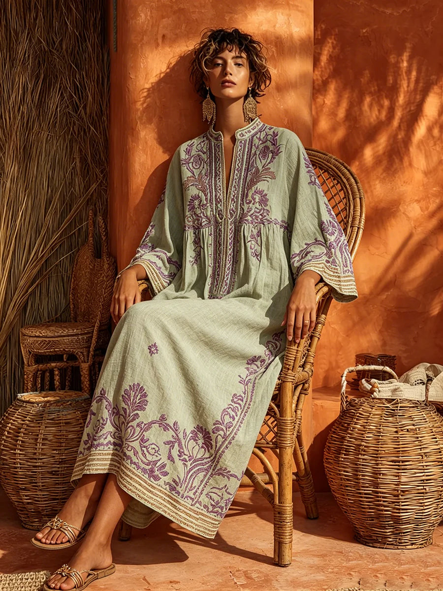 Vestido largo bohemio de algodón y lino con estampado floral