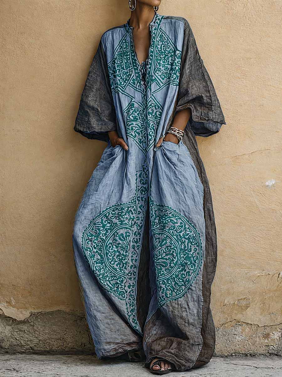 Women's Cotton Linen Jumpsuit, Vintage Print V-Neck 3/4 Sleeve