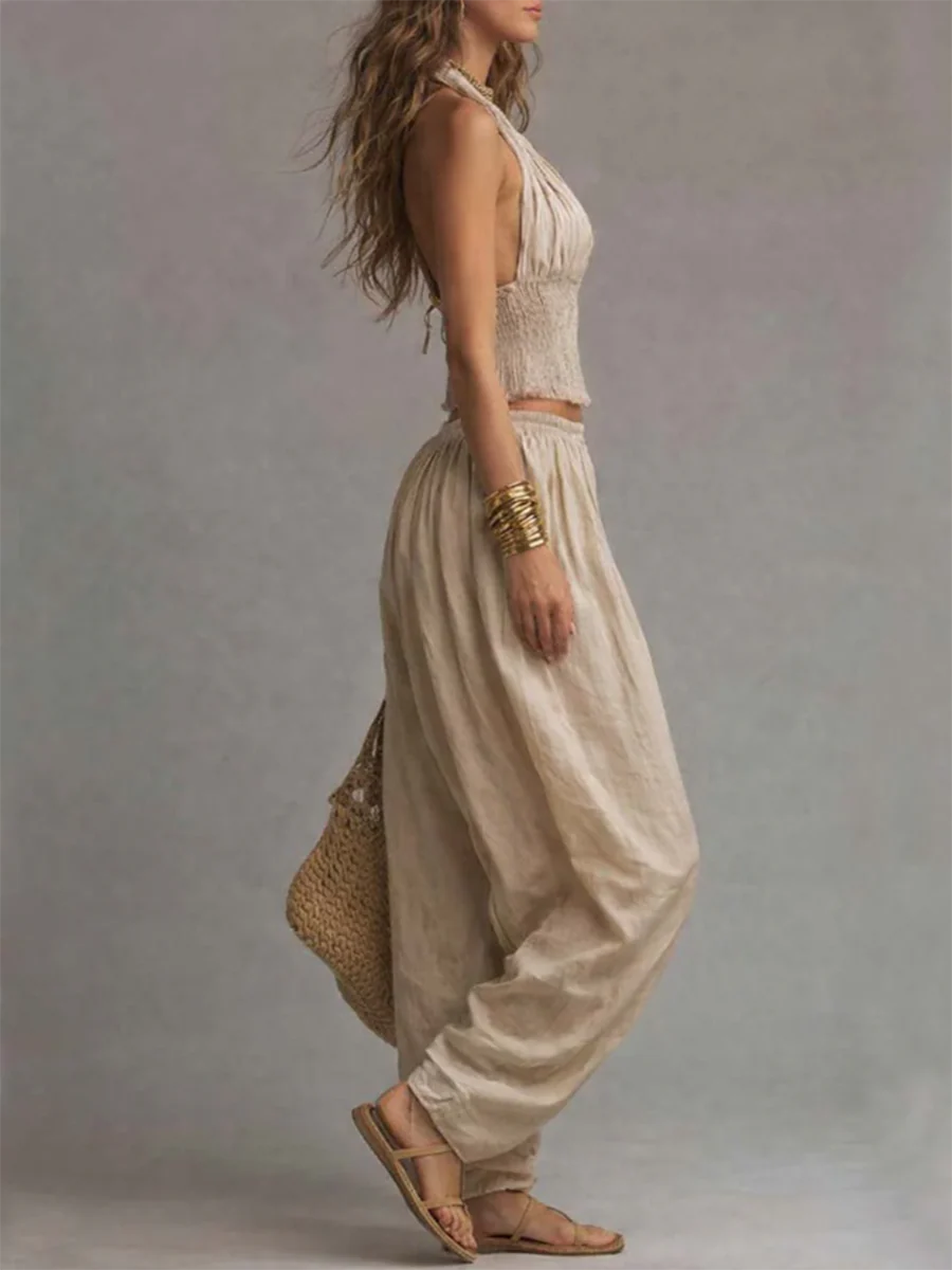 Conjunto sexy boho de dos piezas con top halter y pantalón de pierna ancha