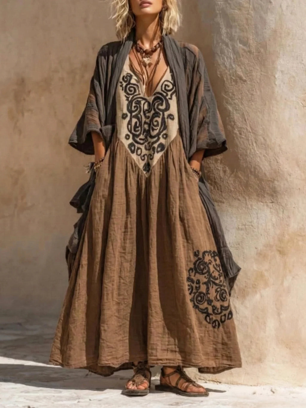 Conjunto boho retro holgado de lino y algodón de dos piezas