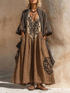 Conjunto boho retro holgado de lino y algodón de dos piezas
