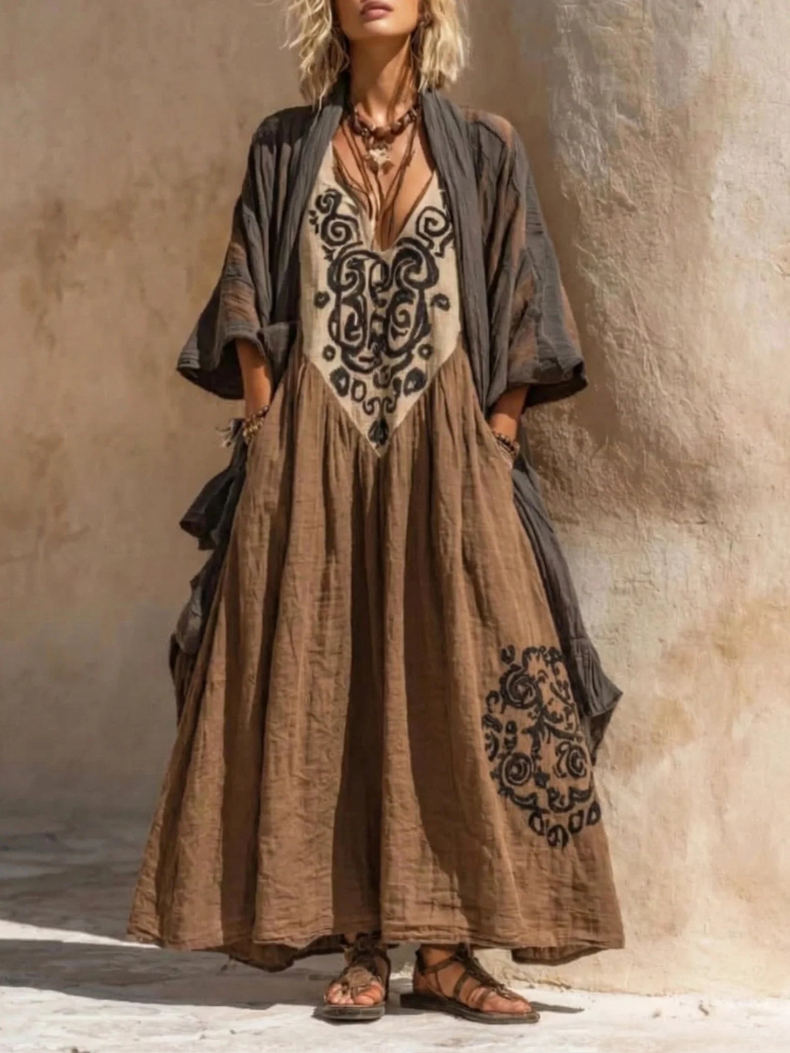 Conjunto boho retro holgado de lino y algodón de dos piezas