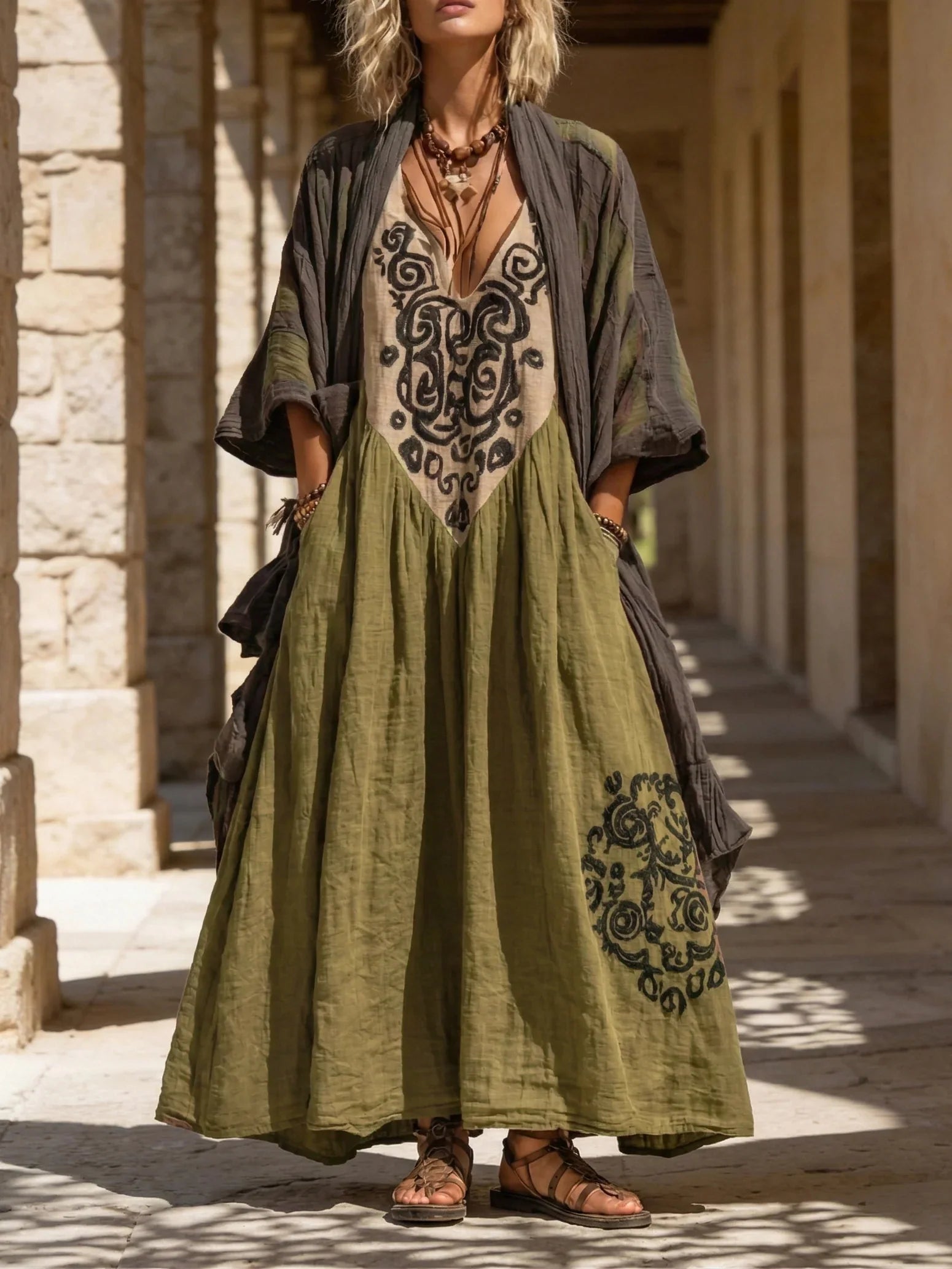 Conjunto boho retro holgado de lino y algodón de dos piezas