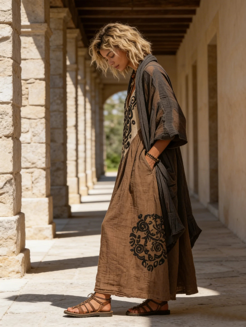Conjunto boho retro holgado de lino y algodón de dos piezas