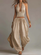 Conjunto sexy boho de dos piezas con top halter y pantalón de pierna ancha