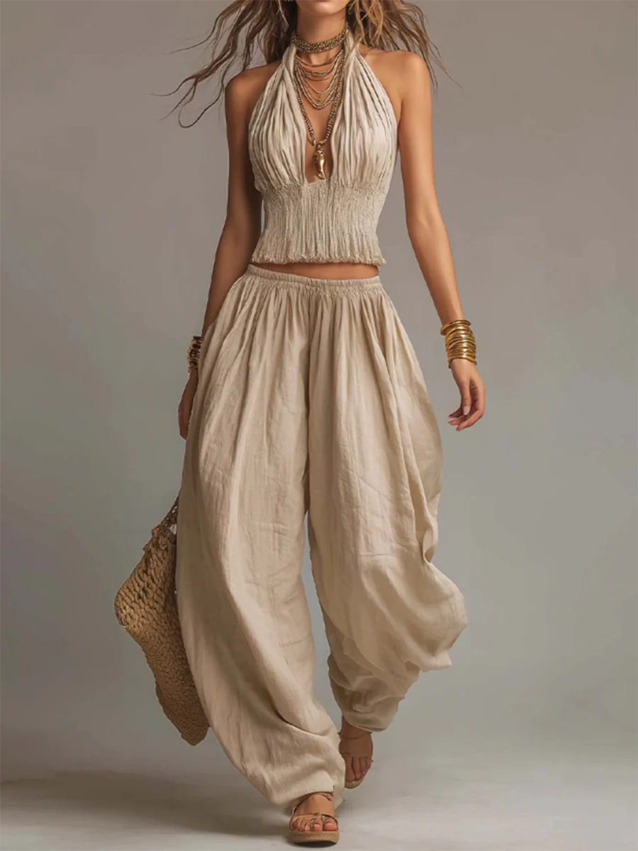 Conjunto sexy boho de dos piezas con top halter y pantalón de pierna ancha